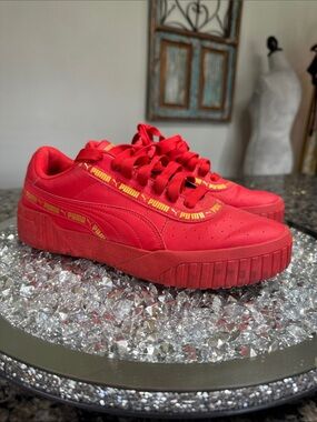 Puma Red Platform Sneakers with Yellow Logo Stripe 7C